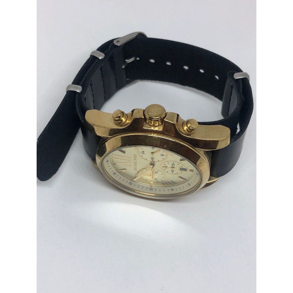 Michael Kors MK5605 Unisex Black Leather Analog Gold Dial Quartz Watch HO116 - Picture 7 of 9